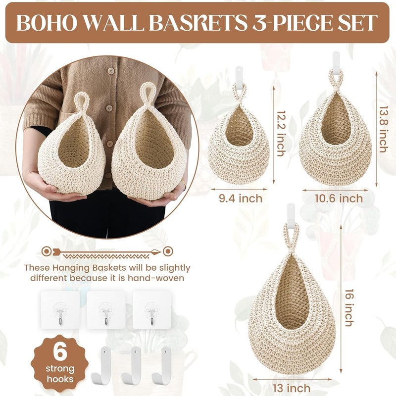 OGOTEZ Hanging Fruit Baskets for Kitchen - 3 Pack Boho Wall Hanging Basket with 6 Pcs Strong Hooks, Handwoven Onion Storage Teardrop Home Onion Basket for Fruits Vegetable Potato Kitchen Storage (White) - Image 4